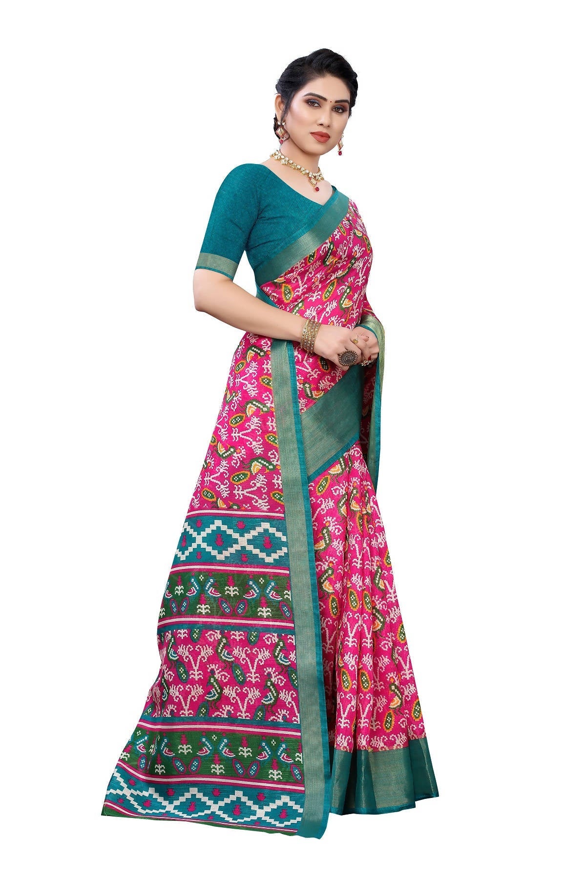 Vamika Pink & Green Linen Jari Border Saree (JANKI PINK)