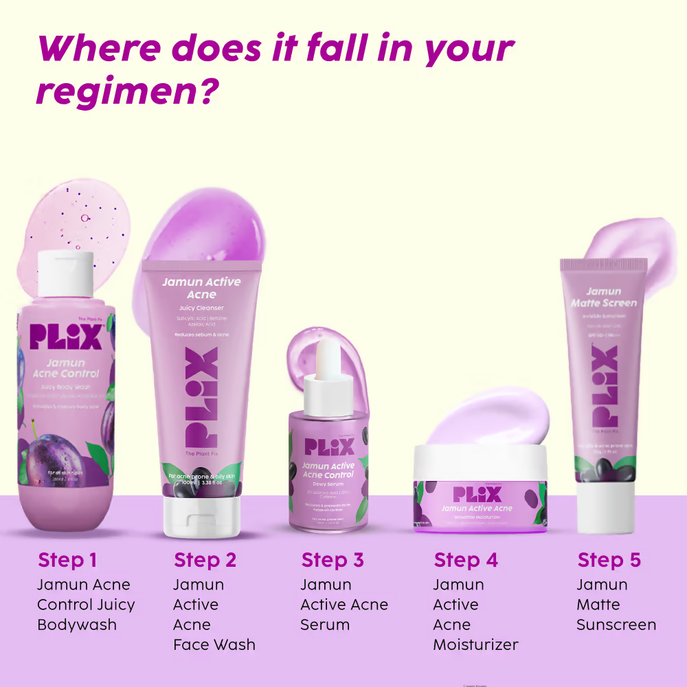 PLIX The Plant Fix Jamun Active Acne Regime - Cleanser, Acne Mark Serum, Moisturizer & Body Wash For Women & Men