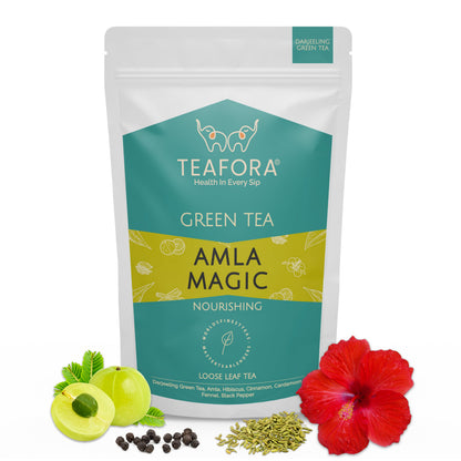 TEAFORA Amla Magic Green Tea | Whole Leaf Tea | Blended with Amla, Hibiscus, Fennel, Cardamom & Cinnamon | 100% NATURAL | Brew Hot or Iced Tea