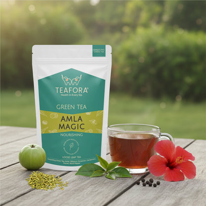 TEAFORA Amla Magic Green Tea | Whole Leaf Tea | Blended with Amla, Hibiscus, Fennel, Cardamom & Cinnamon | 100% NATURAL | Brew Hot or Iced Tea