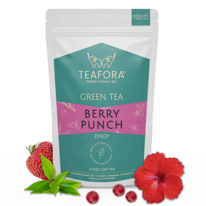 TEAFORA Berry Punch Green Tea | Zingy & Refreshing | Darjeeling Tea Loose | 100% Natural Fresh Berries & Hibiscus Flower | Brew Hot or Iced Tea