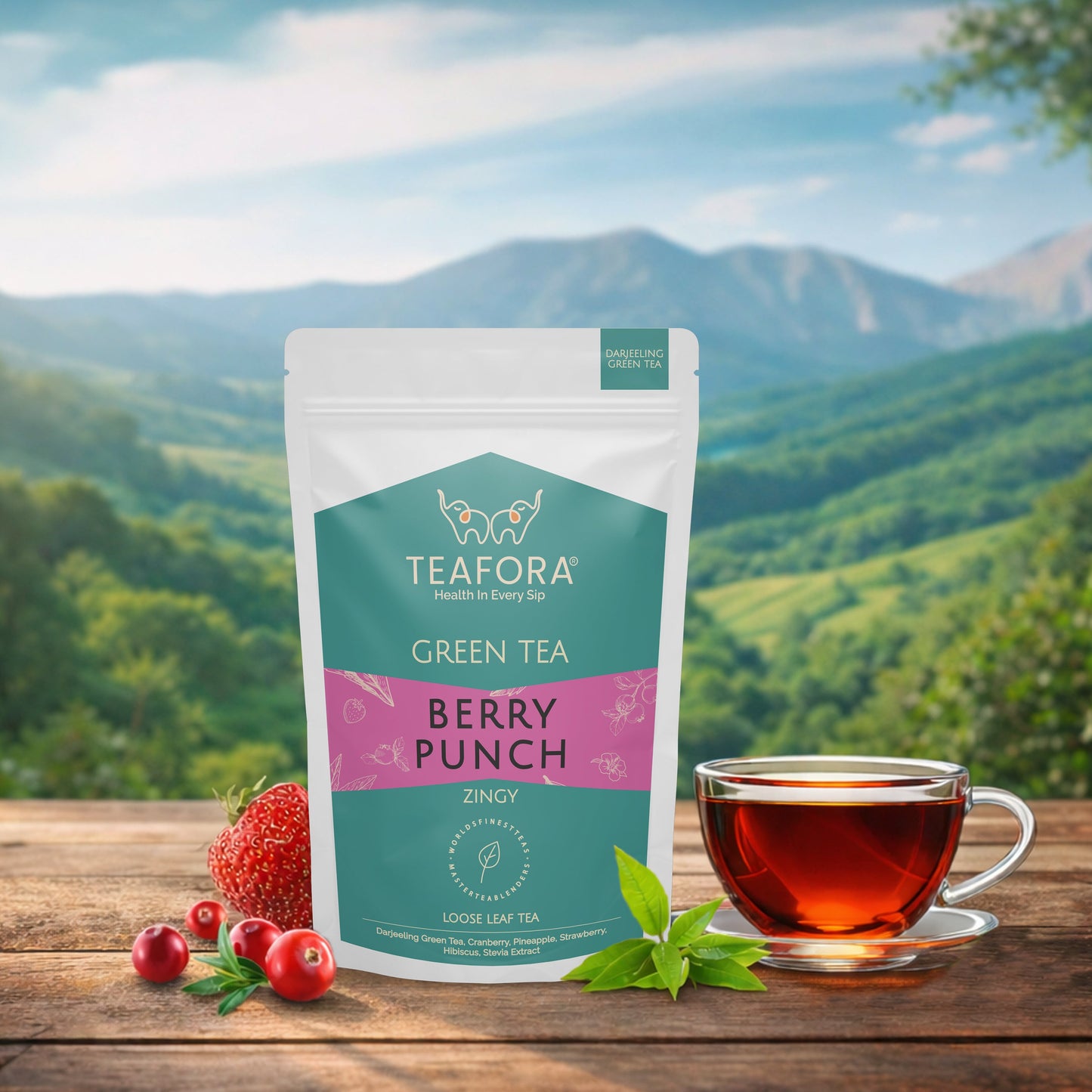 TEAFORA Berry Punch Green Tea | Zingy & Refreshing | Darjeeling Tea Loose | 100% Natural Fresh Berries & Hibiscus Flower | Brew Hot or Iced Tea