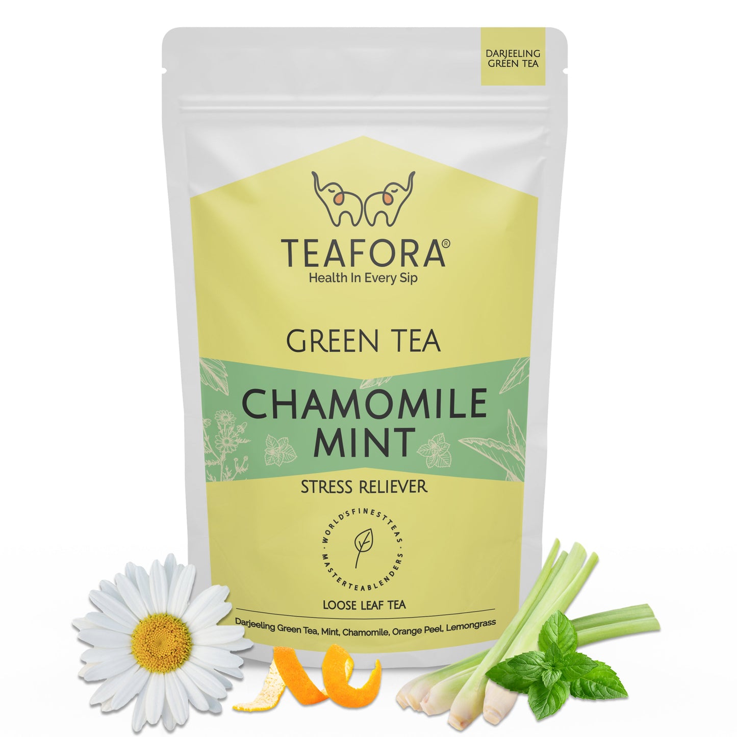 TEAFORA Chamomile Mint Green Tea | Darjeeling Loose Leaf Tea | Natural Sleep Tea with Calming & Relaxing Properties | 50 Cups Hot or Iced Tea