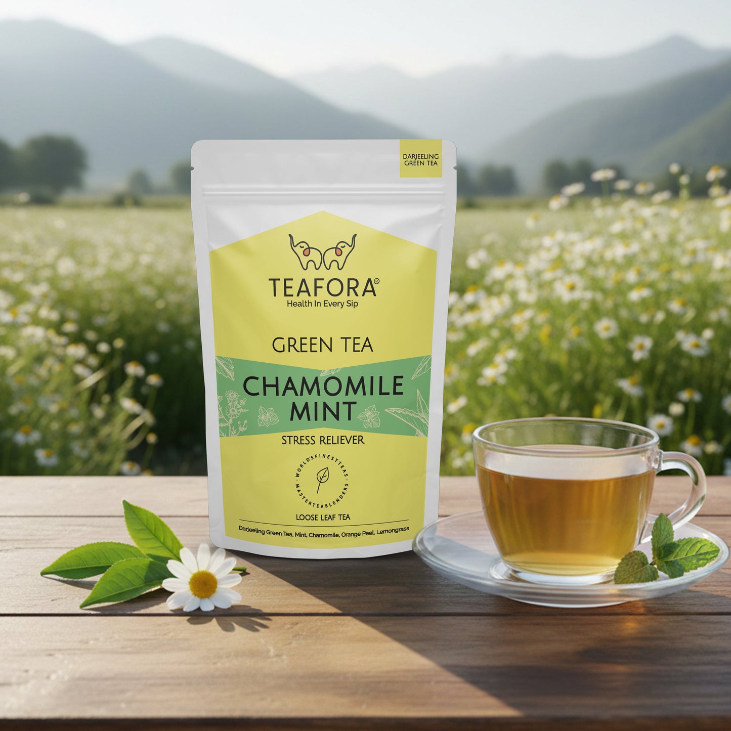 TEAFORA Chamomile Mint Green Tea | Darjeeling Loose Leaf Tea | Natural Sleep Tea with Calming & Relaxing Properties | 50 Cups Hot or Iced Tea