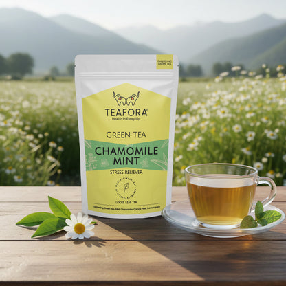 TEAFORA Chamomile Mint Green Tea | Darjeeling Loose Leaf Tea | Natural Sleep Tea with Calming & Relaxing Properties | 50 Cups Hot or Iced Tea