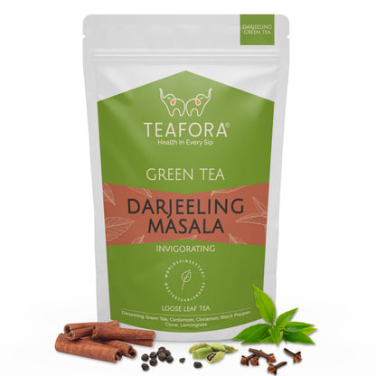 TEAFORA Darjeeling Masala Green Tea | Loose Leaves | Blended with Cardamom, Cinnamon, Black Pepper & Clove | 100% NATURAL | 50 Cups Hot or Iced Tea