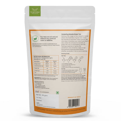 TEAFORA Darjeeling Masala Green Tea | Loose Leaves | Blended with Cardamom, Cinnamon, Black Pepper & Clove | 100% NATURAL | 50 Cups Hot or Iced Tea