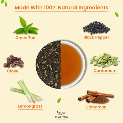 TEAFORA Darjeeling Masala Green Tea | Loose Leaves | Blended with Cardamom, Cinnamon, Black Pepper & Clove | 100% NATURAL | 50 Cups Hot or Iced Tea