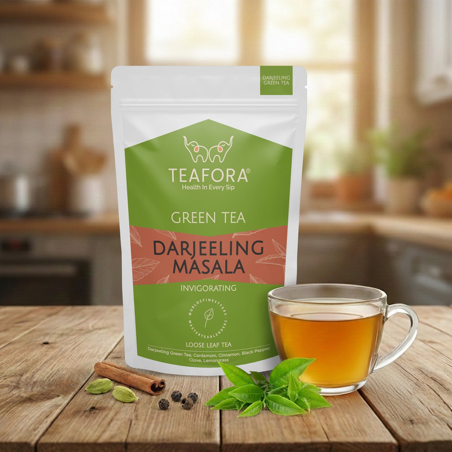 TEAFORA Darjeeling Masala Green Tea | Loose Leaves | Blended with Cardamom, Cinnamon, Black Pepper & Clove | 100% NATURAL | 50 Cups Hot or Iced Tea