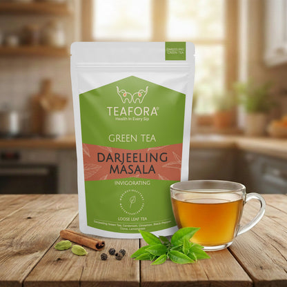 TEAFORA Darjeeling Masala Green Tea | Loose Leaves | Blended with Cardamom, Cinnamon, Black Pepper & Clove | 100% NATURAL | 50 Cups Hot or Iced Tea