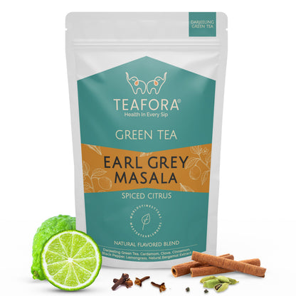 TEAFORA Earl Grey Masala Green Tea | Spiced Citrus | Darjeeling Loose Tea | Blended with Indian Aromatic Spices enriched with Bergamot extract | 50 Cups Hot or Iced Tea