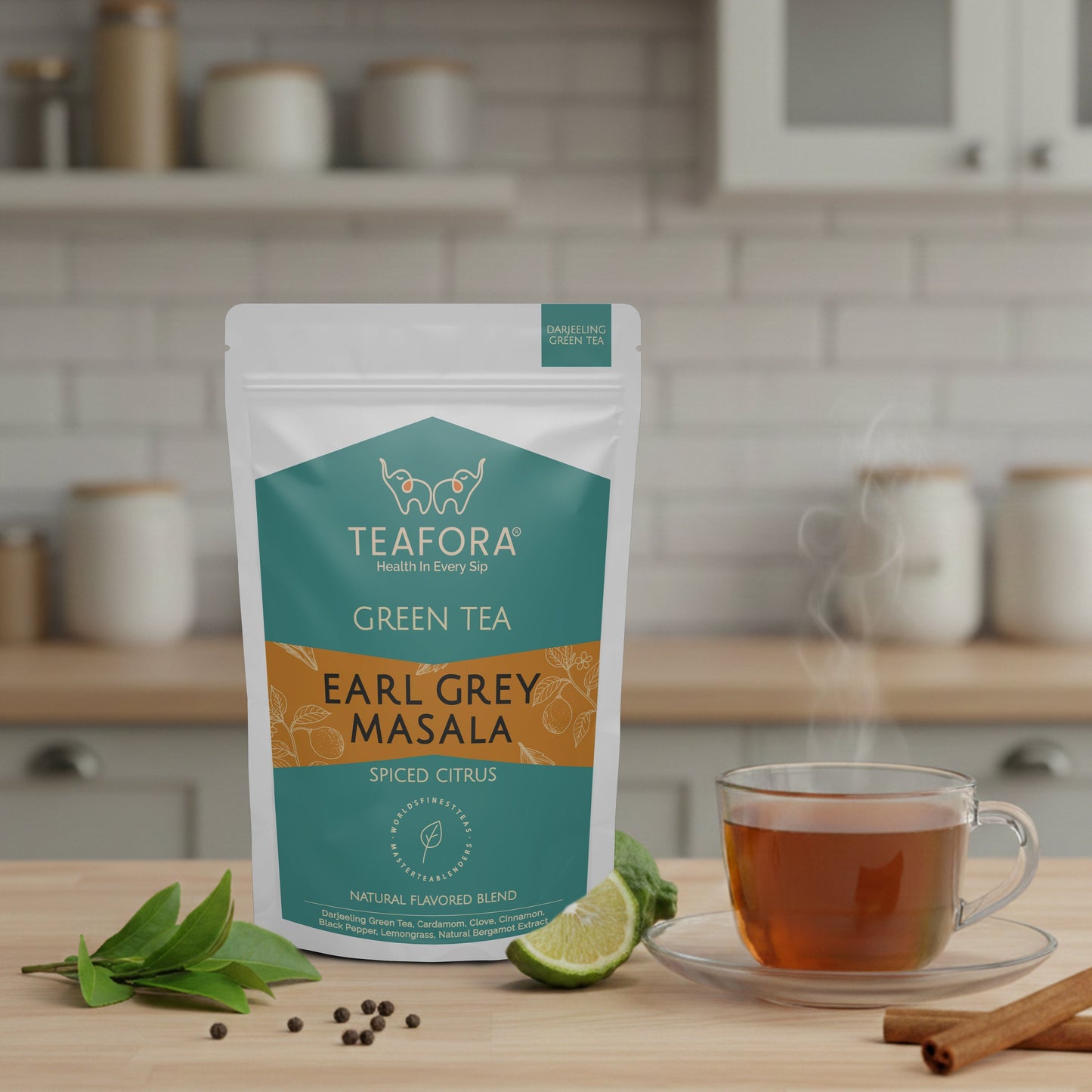 TEAFORA Earl Grey Masala Green Tea | Spiced Citrus | Darjeeling Loose Tea | Blended with Indian Aromatic Spices enriched with Bergamot extract | 50 Cups Hot or Iced Tea