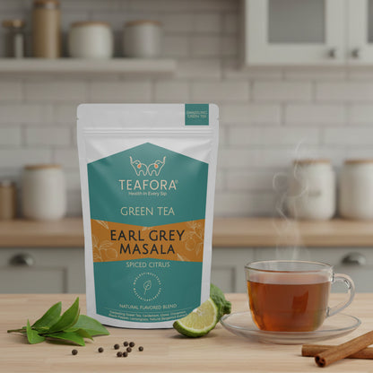 TEAFORA Earl Grey Masala Green Tea | Spiced Citrus | Darjeeling Loose Tea | Blended with Indian Aromatic Spices enriched with Bergamot extract | 50 Cups Hot or Iced Tea