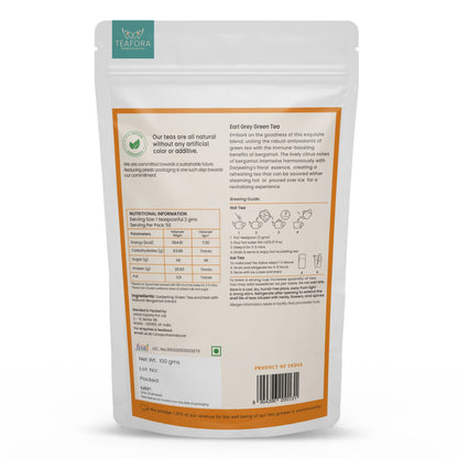 TEAFORA Earl Grey Green Tea | Darjeeling Loose Leaf Tea Enriched with Natural Bergamot Extract | 100% NATURAL | 50 Cups Hot or Iced Tea
