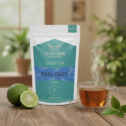 TEAFORA Earl Grey Green Tea | Darjeeling Loose Leaf Tea Enriched with Natural Bergamot Extract | 100% NATURAL | 50 Cups Hot or Iced Tea