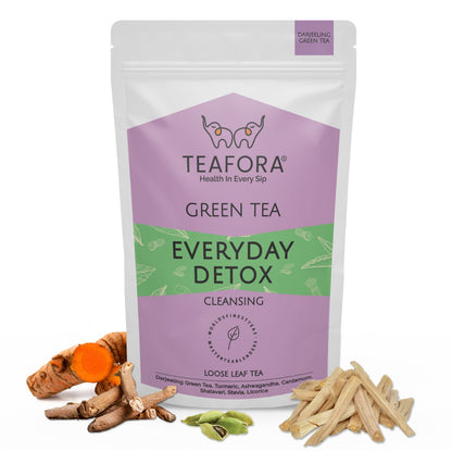 TEAFORA Everyday Detox Green Tea | Darjeeling Loose Leaf | 100% Natural Turmeric, Ashwagandha, Cardamom, Shatavari, Stevia | 50 Cups Hot Tea or Iced Tea