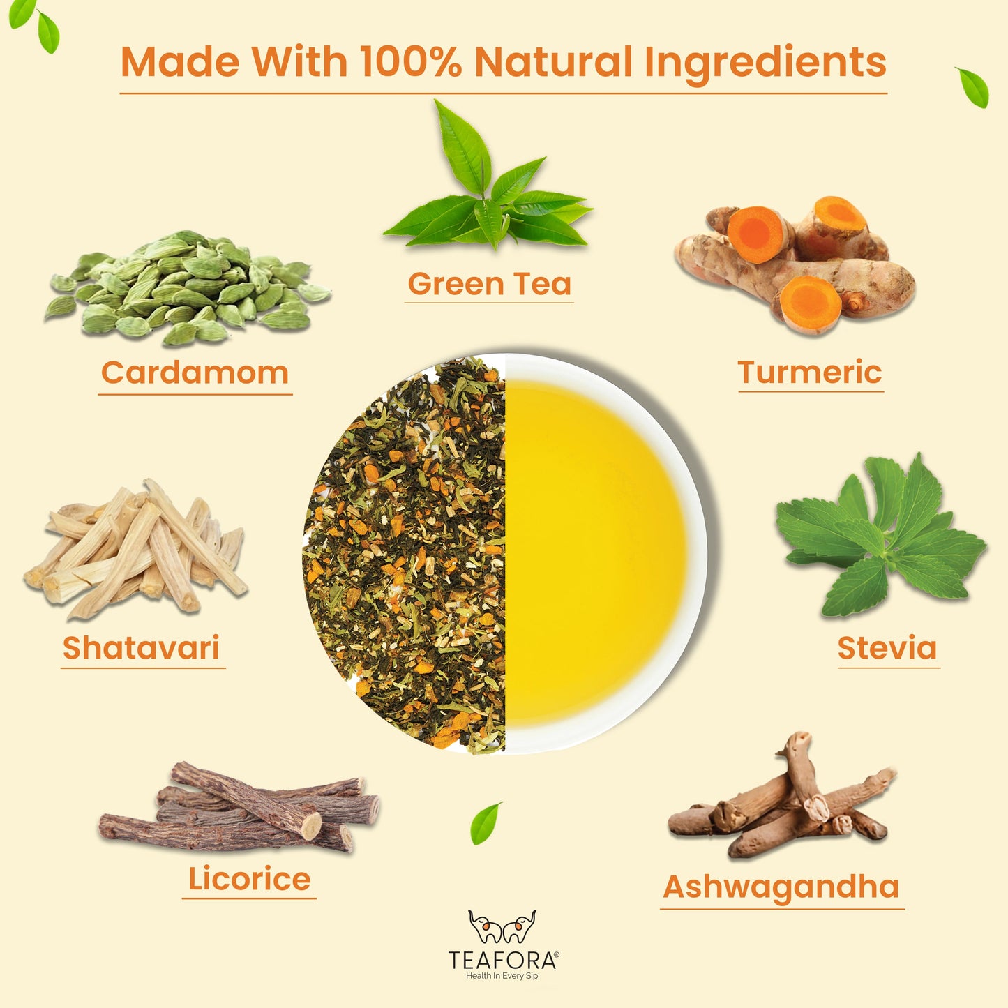 TEAFORA Everyday Detox Green Tea | Darjeeling Loose Leaf | 100% Natural Turmeric, Ashwagandha, Cardamom, Shatavari, Stevia | 50 Cups Hot Tea or Iced Tea