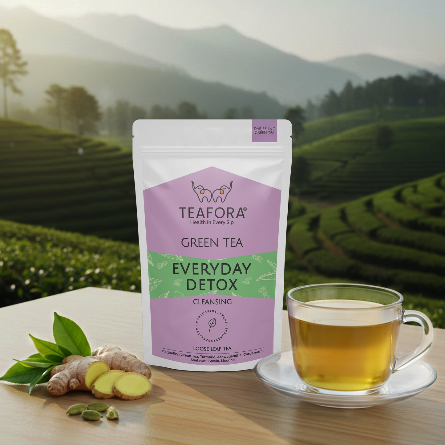 TEAFORA Everyday Detox Green Tea | Darjeeling Loose Leaf | 100% Natural Turmeric, Ashwagandha, Cardamom, Shatavari, Stevia | 50 Cups Hot Tea or Iced Tea