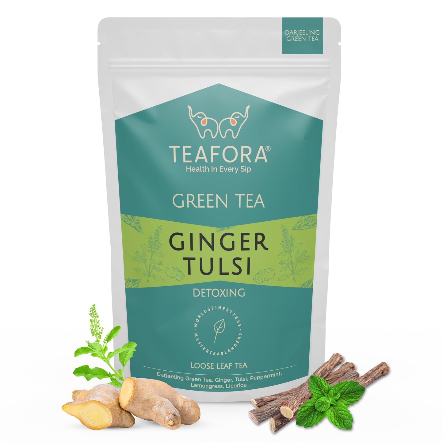 TEAFORA Ginger Tulsi Green Tea | Darjeeling Loose Leaf | Indian Superfoods Ginger, Tulsi & Licorice | Relieves Stress & Aids Digestion | Brew Hot or Iced Tea