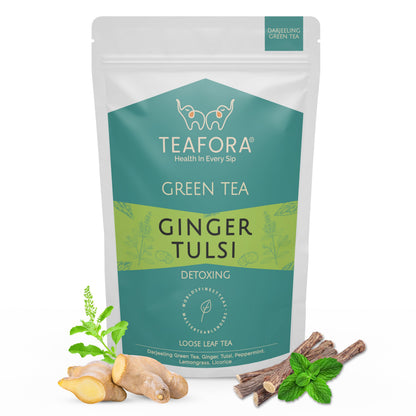 TEAFORA Ginger Tulsi Green Tea | Darjeeling Loose Leaf | Indian Superfoods Ginger, Tulsi & Licorice | Relieves Stress & Aids Digestion | Brew Hot or Iced Tea