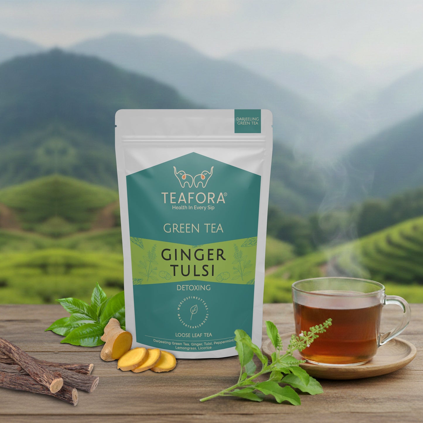 TEAFORA Ginger Tulsi Green Tea | Darjeeling Loose Leaf | Indian Superfoods Ginger, Tulsi & Licorice | Relieves Stress & Aids Digestion | Brew Hot or Iced Tea