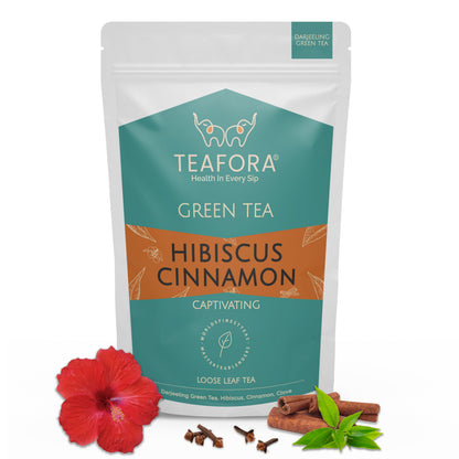 TEAFORA Hibiscus Cinnamon Green Tea | Darjeeling Loose Leaf | 100% Natural Hibiscus Flower, Cinnamon & Clove | Delicious & Refreshing | Brew Hot or Iced Tea