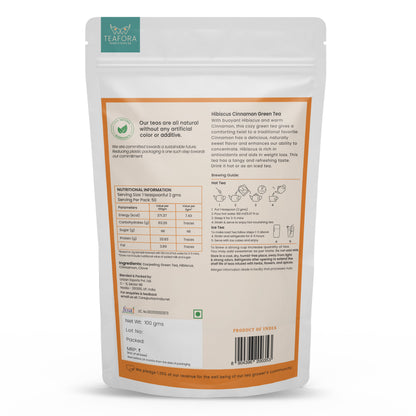 TEAFORA Hibiscus Cinnamon Green Tea | Darjeeling Loose Leaf | 100% Natural Hibiscus Flower, Cinnamon & Clove | Delicious & Refreshing | Brew Hot or Iced Tea