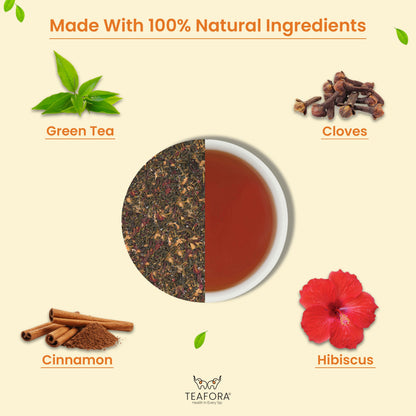 TEAFORA Hibiscus Cinnamon Green Tea | Darjeeling Loose Leaf | 100% Natural Hibiscus Flower, Cinnamon & Clove | Delicious & Refreshing | Brew Hot or Iced Tea