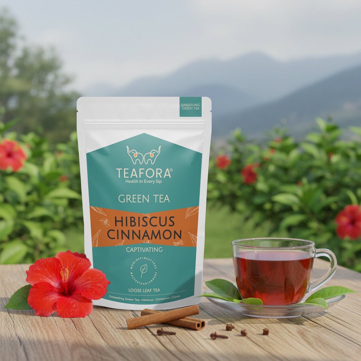 TEAFORA Hibiscus Cinnamon Green Tea | Darjeeling Loose Leaf | 100% Natural Hibiscus Flower, Cinnamon & Clove | Delicious & Refreshing | Brew Hot or Iced Tea