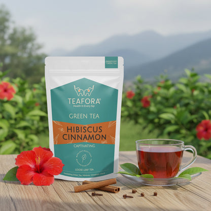 TEAFORA Hibiscus Cinnamon Green Tea | Darjeeling Loose Leaf | 100% Natural Hibiscus Flower, Cinnamon & Clove | Delicious & Refreshing | Brew Hot or Iced Tea