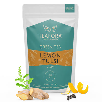 TEAFORA Lemon Tulsi Green Tea | Darjeeling Loose Leaf | Stress Relief Tea | Immune Support Tea | 100% Natural Ingredients | Brew 50 Cups Hot or Iced Tea