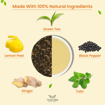 TEAFORA Lemon Tulsi Green Tea | Darjeeling Loose Leaf | Stress Relief Tea | Immune Support Tea | 100% Natural Ingredients | Brew 50 Cups Hot or Iced Tea