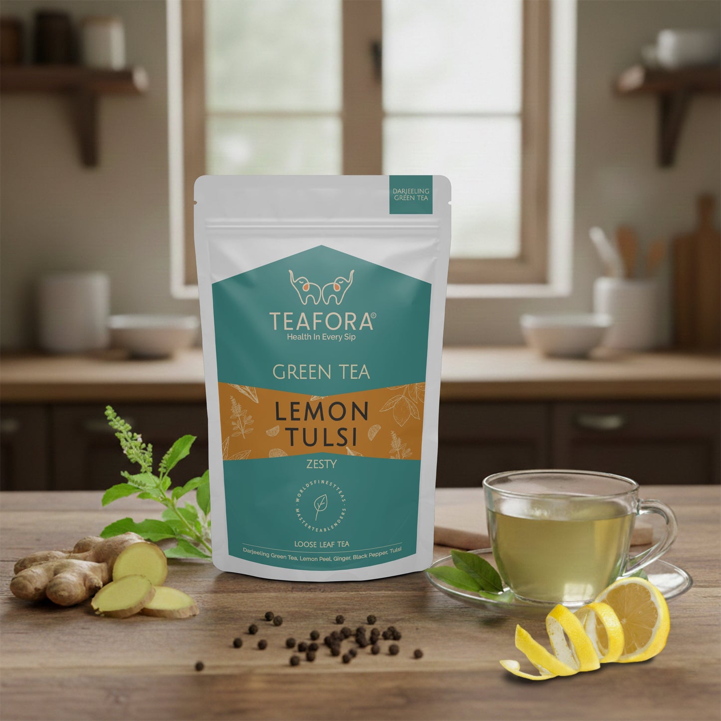 TEAFORA Lemon Tulsi Green Tea | Darjeeling Loose Leaf | Stress Relief Tea | Immune Support Tea | 100% Natural Ingredients | Brew 50 Cups Hot or Iced Tea