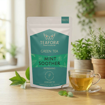 TEAFORA Mint Soother Green Tea | Darjeeling Loose Leaves | Blended with Fresh Mint & Peppermint Leaves | Refreshing & Calming Tea | 50 Cups Hot or Iced Tea