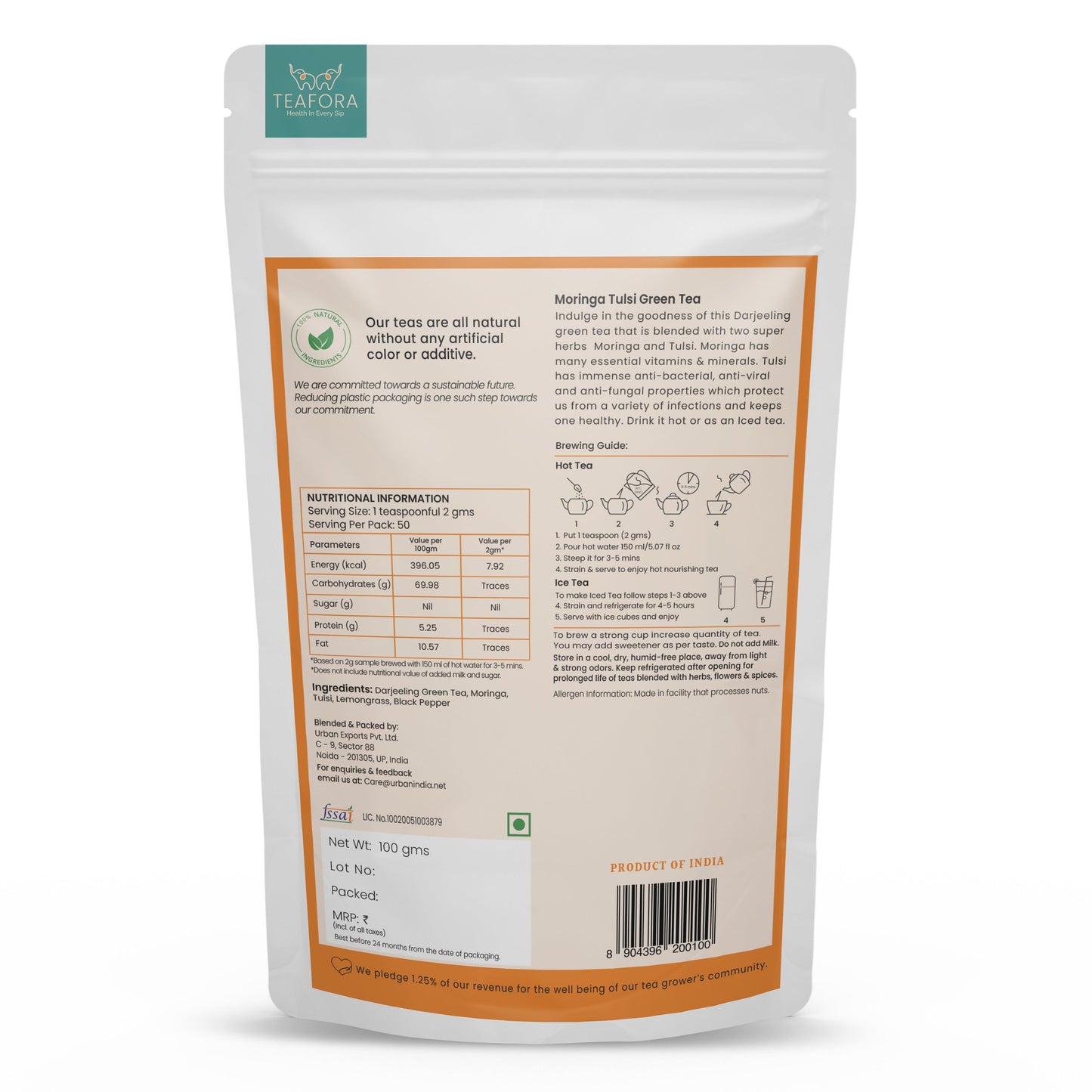 TEAFORA Moringa Tulsi Green Tea | Darjeeling Loose Leaf Tea | 100% Natural Moringa & Tulsi Leaves | Immune Support Tea