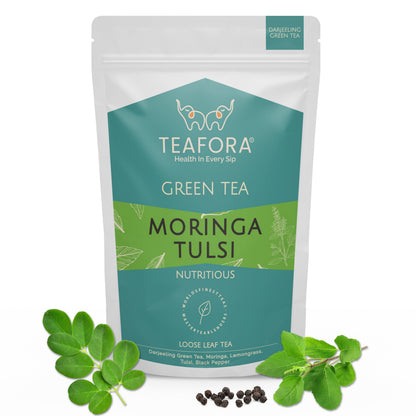 TEAFORA Moringa Tulsi Green Tea | Darjeeling Loose Leaf Tea | 100% Natural Moringa & Tulsi Leaves | Immune Support Tea