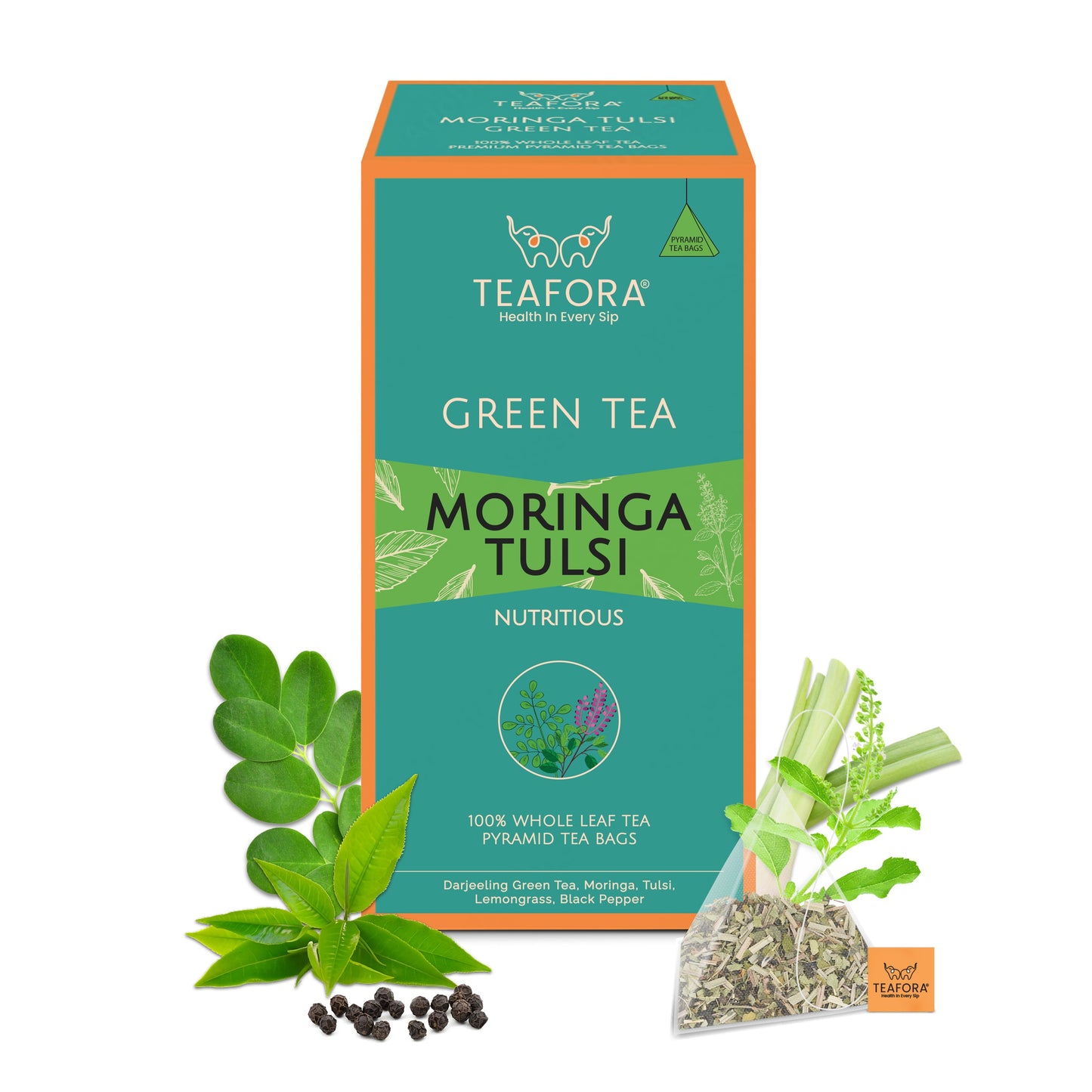 TEAFORA Moringa Tulsi Green Tea | 20 Count Pyramid Tea Bags