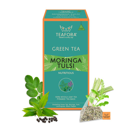 TEAFORA Moringa Tulsi Green Tea | 20 Count Pyramid Tea Bags
