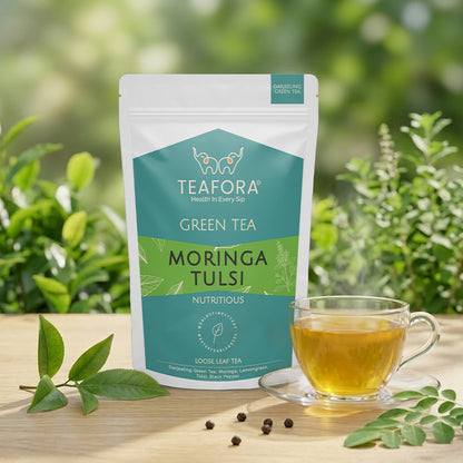 TEAFORA Moringa Tulsi Green Tea | Darjeeling Loose Leaf Tea | 100% Natural Moringa & Tulsi Leaves | Immune Support Tea
