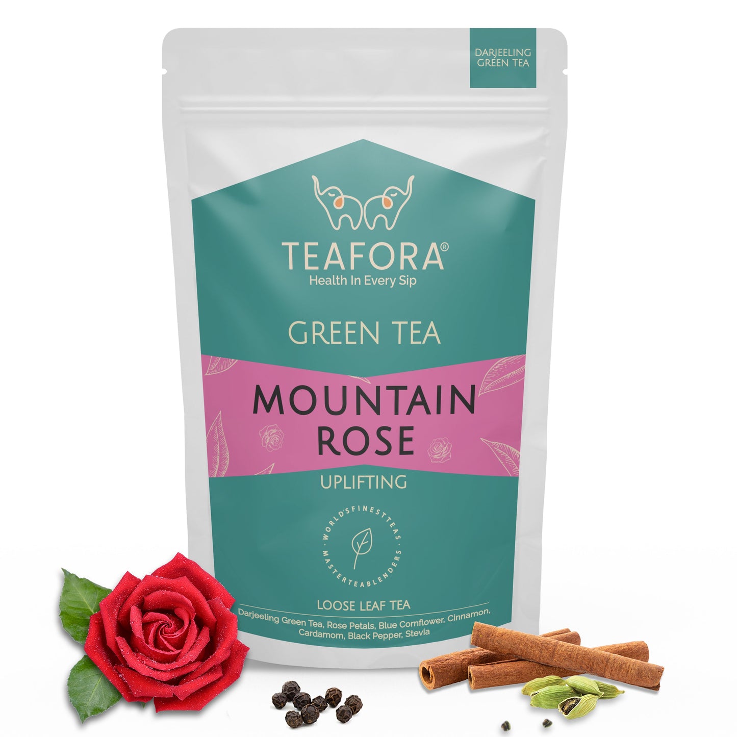 TEAFORA Mountain Rose Green Tea | Loose Leaf Tea | Blended with Rose Petals, Blue Cornflower & Cinnamon | 100% NATURAL INGREDIENTS | Brew Hot or Iced Tea