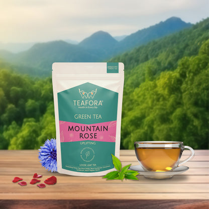 TEAFORA Mountain Rose Green Tea | Loose Leaf Tea | Blended with Rose Petals, Blue Cornflower & Cinnamon | 100% NATURAL INGREDIENTS | Brew Hot or Iced Tea