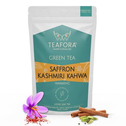 TEAFORA Saffron Kashmiri Kahwa | Loose Leaf Green Tea | Saffron, Cardamom, Cinnamon, Almond | Warming & Soothing Tea | Improves Digestion, Boosts Immunity | 100% NATURAL