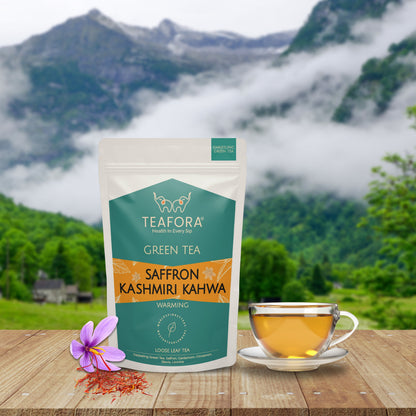TEAFORA Saffron Kashmiri Kahwa | Loose Leaf Green Tea | Saffron, Cardamom, Cinnamon, Almond | Warming & Soothing Tea | Improves Digestion, Boosts Immunity | 100% NATURAL
