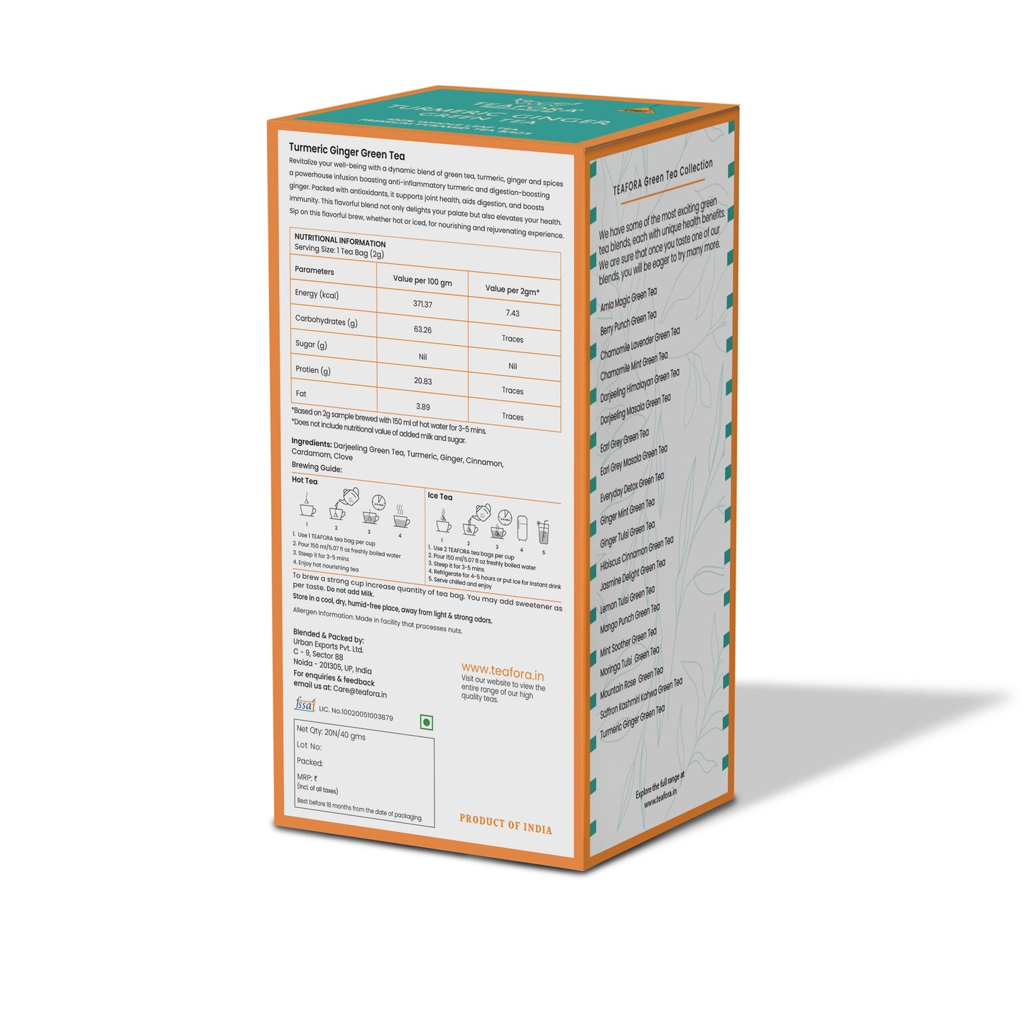 TEAFORA Turmeric Ginger Green Tea | 20 Count Pyramid Tea Bags