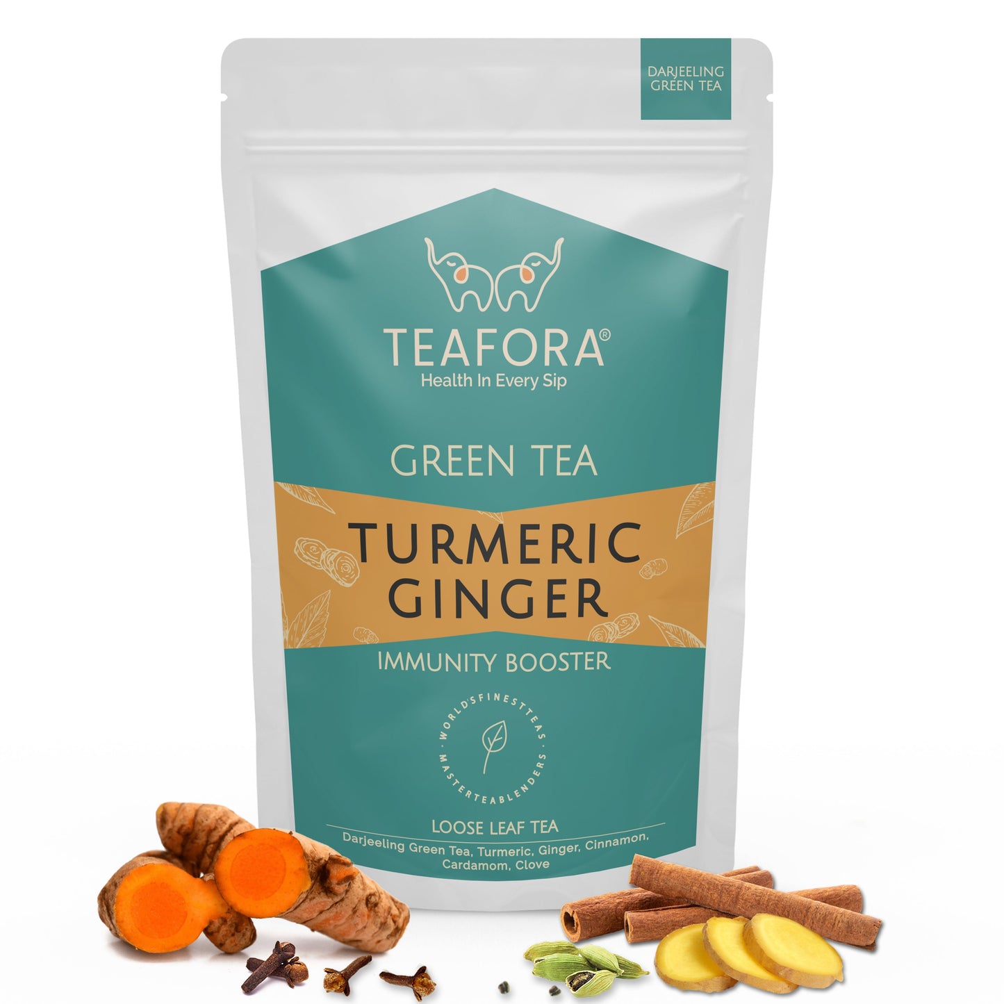 TEAFORA Turmeric Ginger Green Tea | Darjeeling Loose Leaf Tea | Blended with Indian Turmeric, Ginger &  Cinnamon | 100% NATURAL INGREDIENTS | Brew Hot or Iced Tea