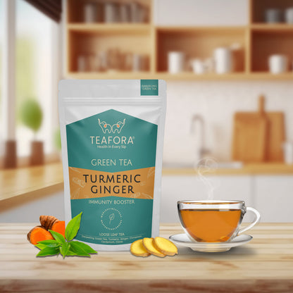 TEAFORA Turmeric Ginger Green Tea | Darjeeling Loose Leaf Tea | Blended with Indian Turmeric, Ginger &  Cinnamon | 100% NATURAL INGREDIENTS | Brew Hot or Iced Tea