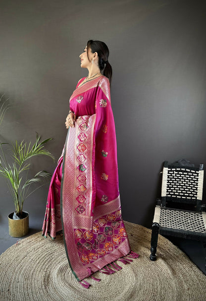 Joban Fashion Pink Elephant & Floral Motifs Soft Lichi Silk Banarasi Saree