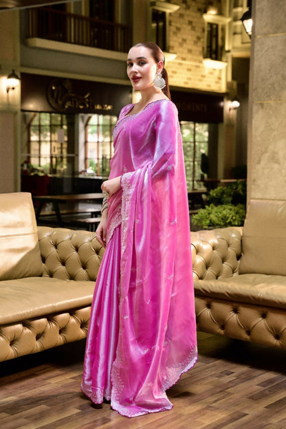 Vastranavya Baby Pink Embroidery Work Shimmer Chiffon Saree with Unstitched Blouse