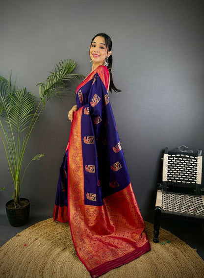 Elora Dark Blue Soft Silk Peacock Pattern Zari Weaving Contrast Border Banarasi Saree