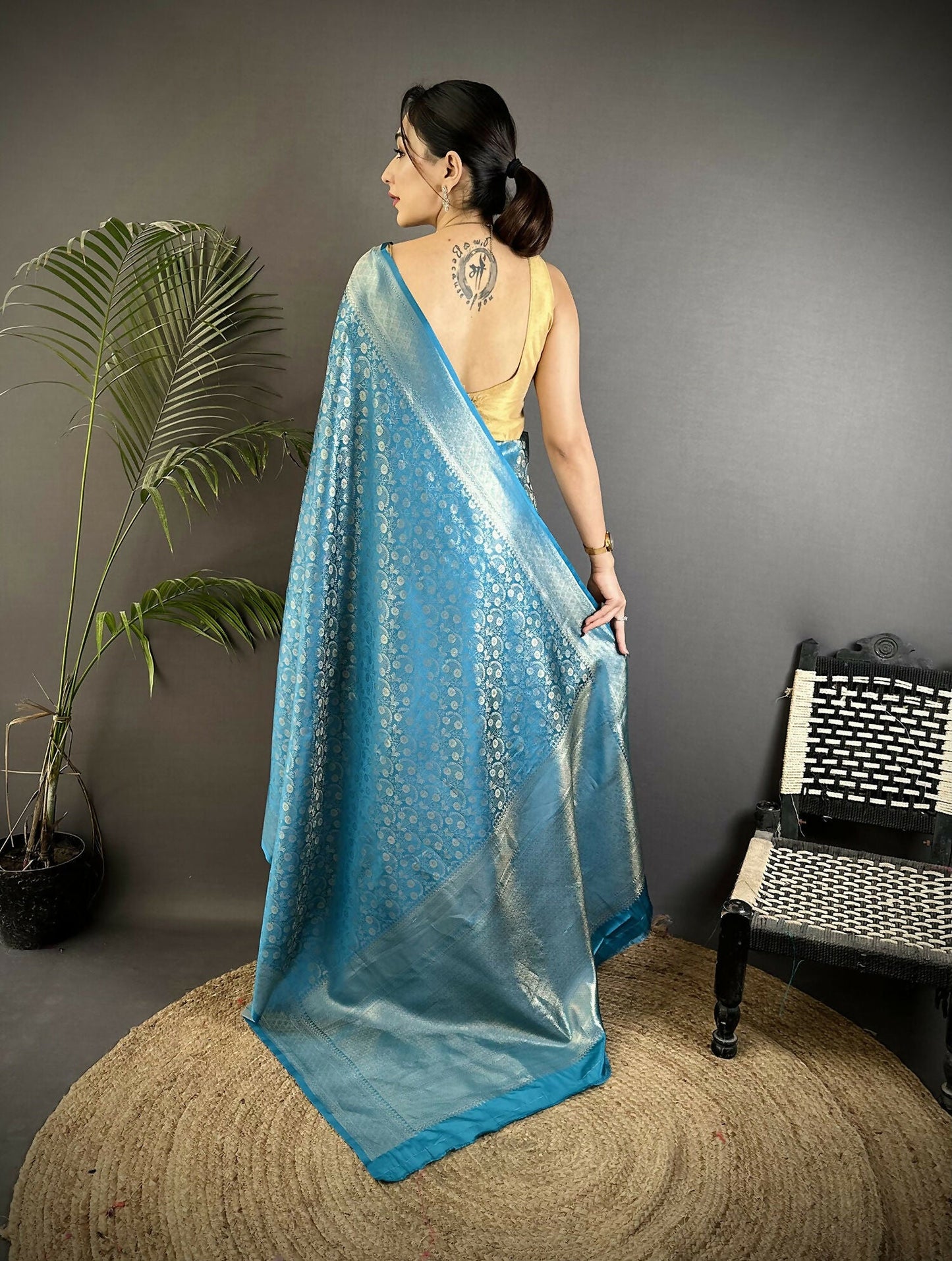 Joban Fashion Aqua Blue Floral & Paisley Motifs Soft Satin Silk Banarasi Saree